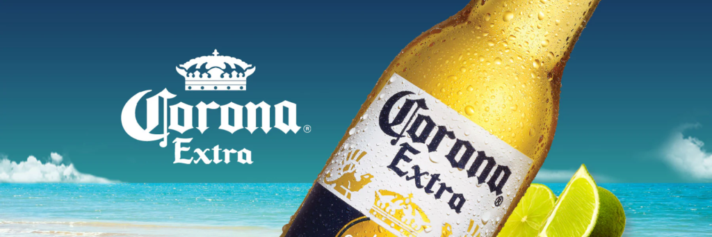 corona extra beer supplier commercial banner showing a chilled bottle of corona beer with 2 slices of lemon